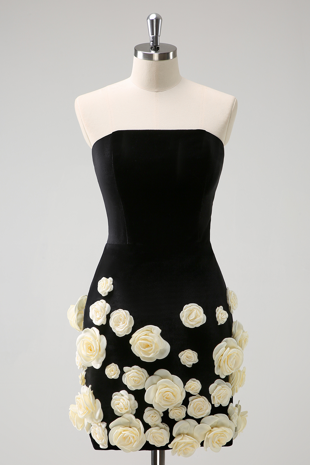 Black Strapless Bodycon Homecoming Dress with White 3D Flowers