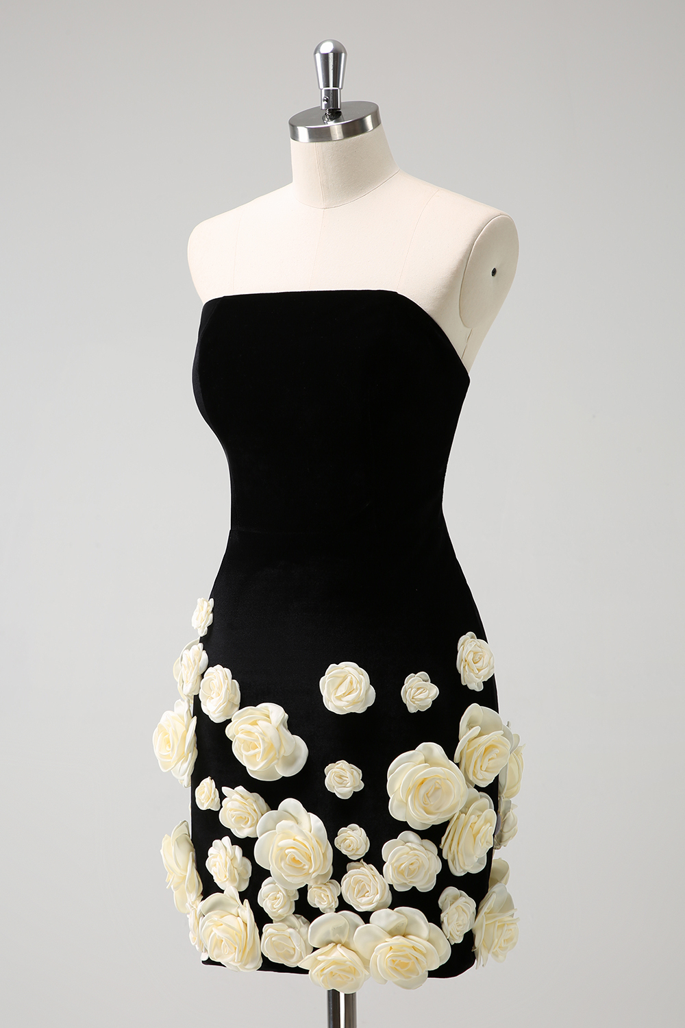 Black Strapless Bodycon Homecoming Dress with White 3D Flowers