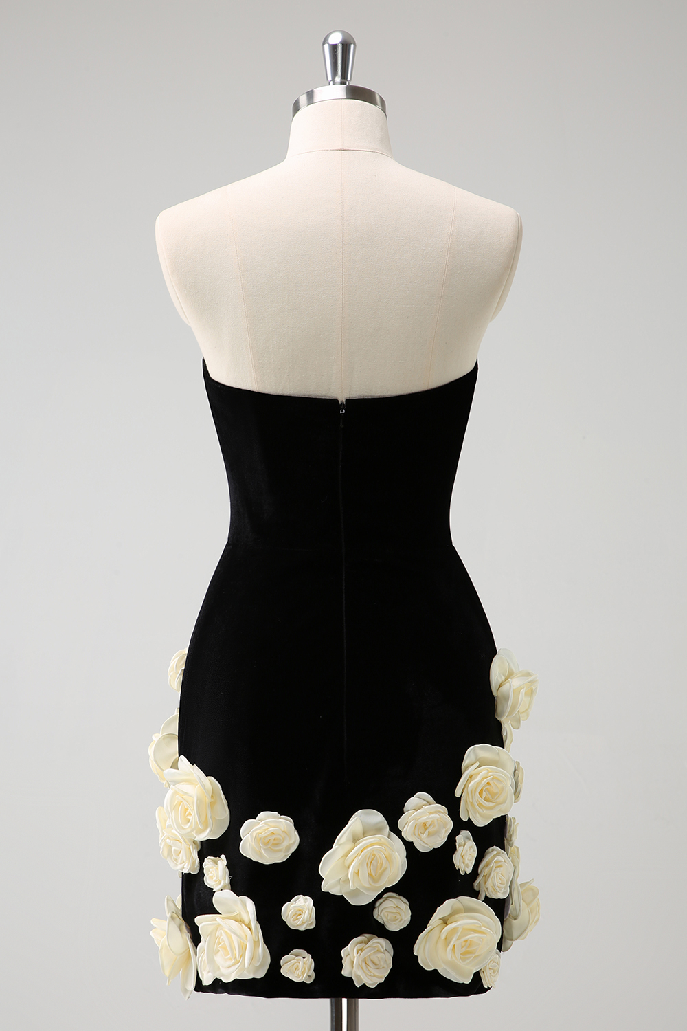 Black Strapless Bodycon Homecoming Dress with White 3D Flowers