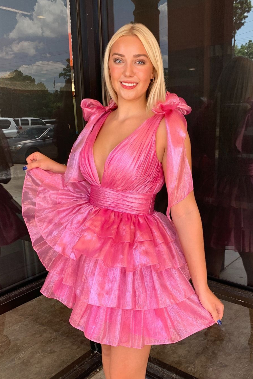 Trendy Pink A-Line Tiered Homecoming Dress with Bow