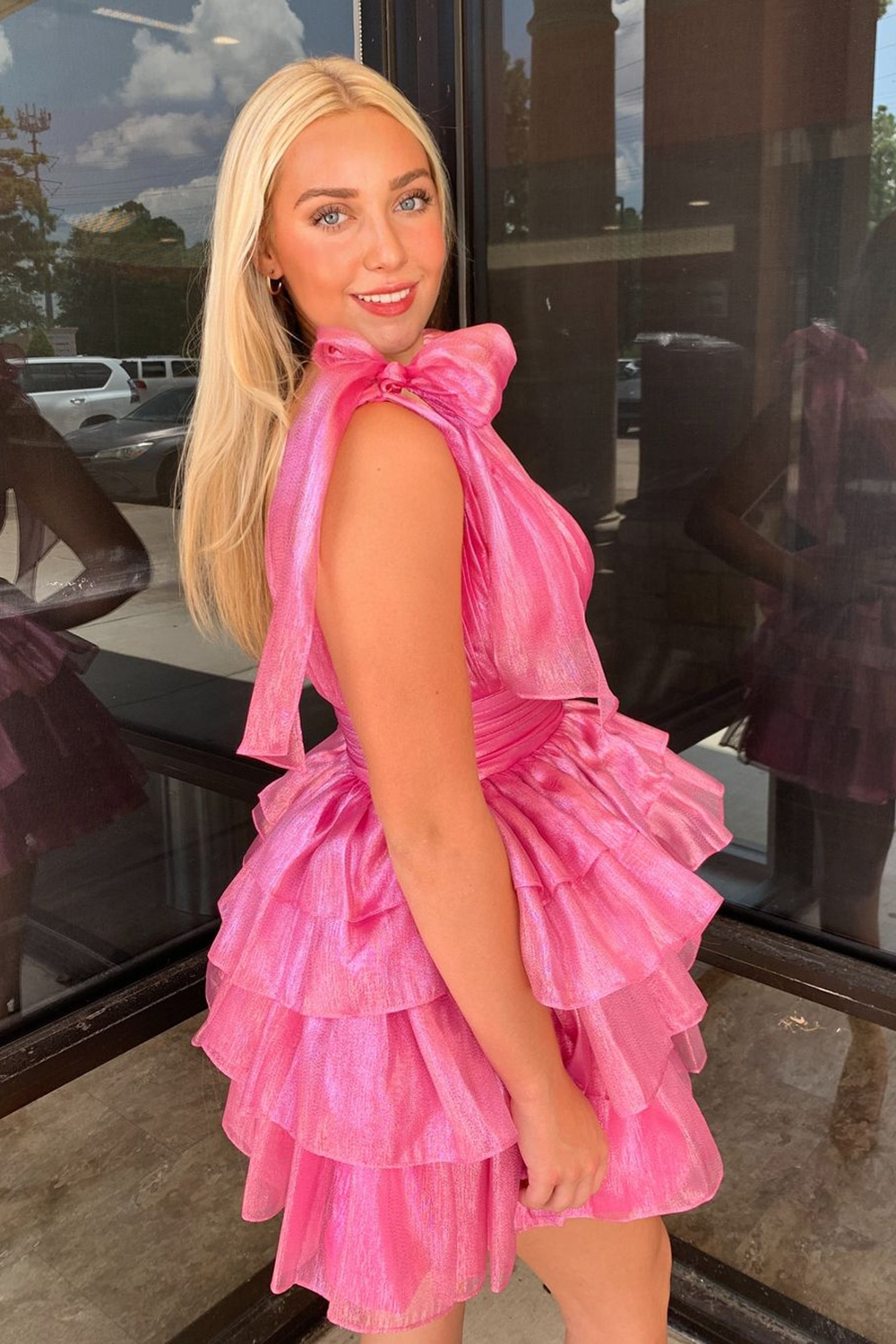 Trendy Pink A-Line Tiered Homecoming Dress with Bow