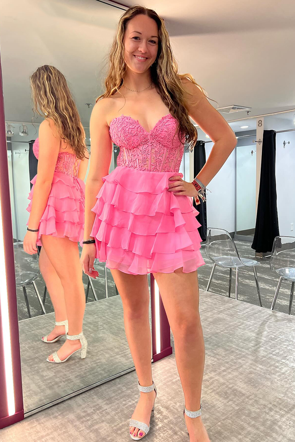 Pink A-Line Strapless Tiered Corset Short Homecoming Dress with Appliques