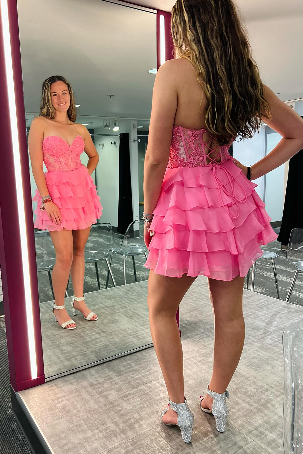 Pink A-Line Strapless Tiered Corset Short Homecoming Dress with Appliques
