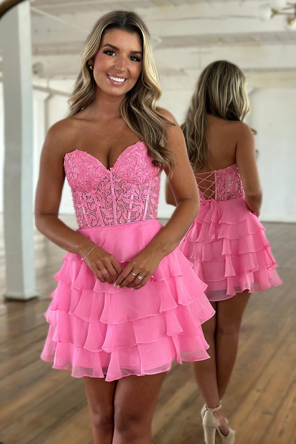 Fuchsia A-Line Strapless Tiered Corset Short Homecoming Dress with Appliques