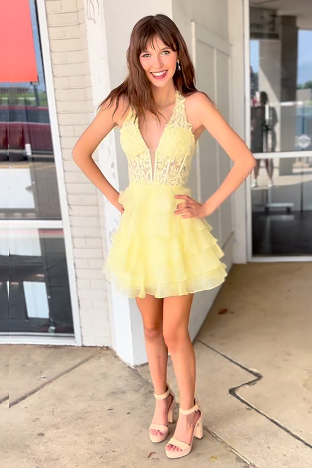 Pink Deep V Neck A-Line Chiffon Tiered Short Homecoming Dress with Appliques