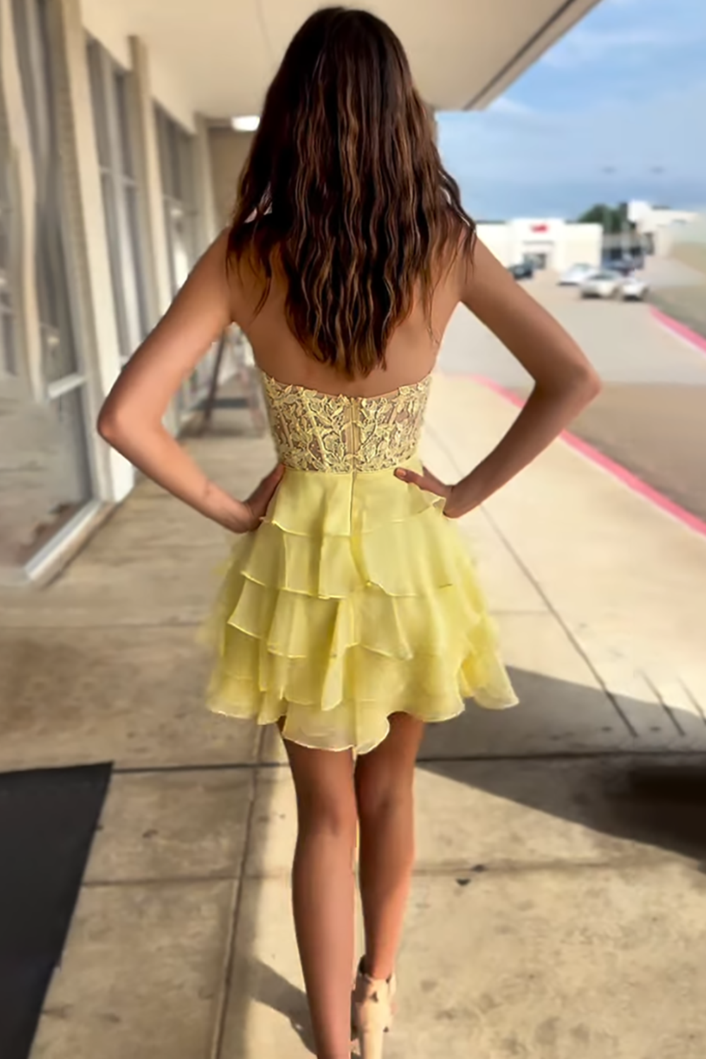 Pink Deep V Neck A-Line Chiffon Tiered Short Homecoming Dress with Appliques