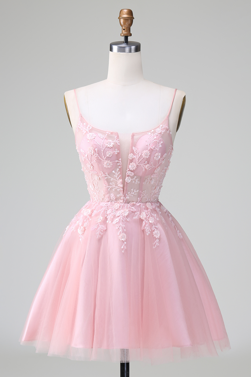 Blush Spaghetti Straps A-Line Tulle Short Homecoming Dress with Appliques