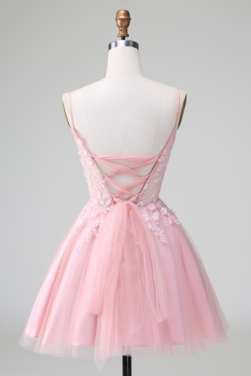 Blush Spaghetti Straps A-Line Tulle Short Homecoming Dress with Appliques