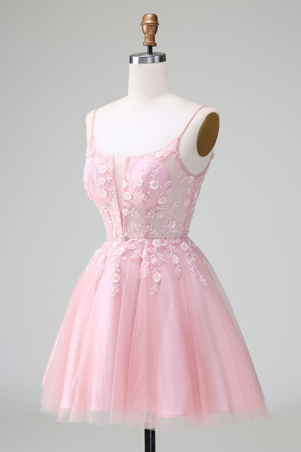 Blush Spaghetti Straps A-Line Tulle Short Homecoming Dress with Appliques