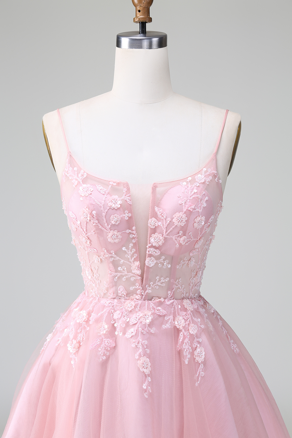 Blush Spaghetti Straps A-Line Tulle Short Homecoming Dress with Appliques