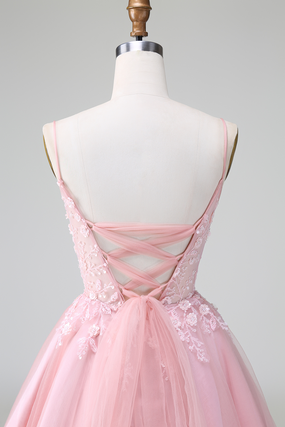 Blush Spaghetti Straps A-Line Tulle Short Homecoming Dress with Appliques