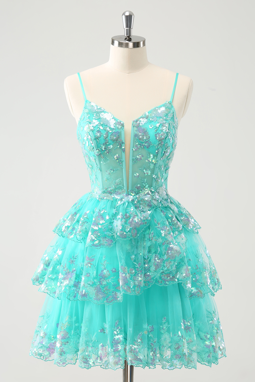 Sparkly Green Spaghetti Straps Sequins A-Line Tiered Short Homecoming Dress