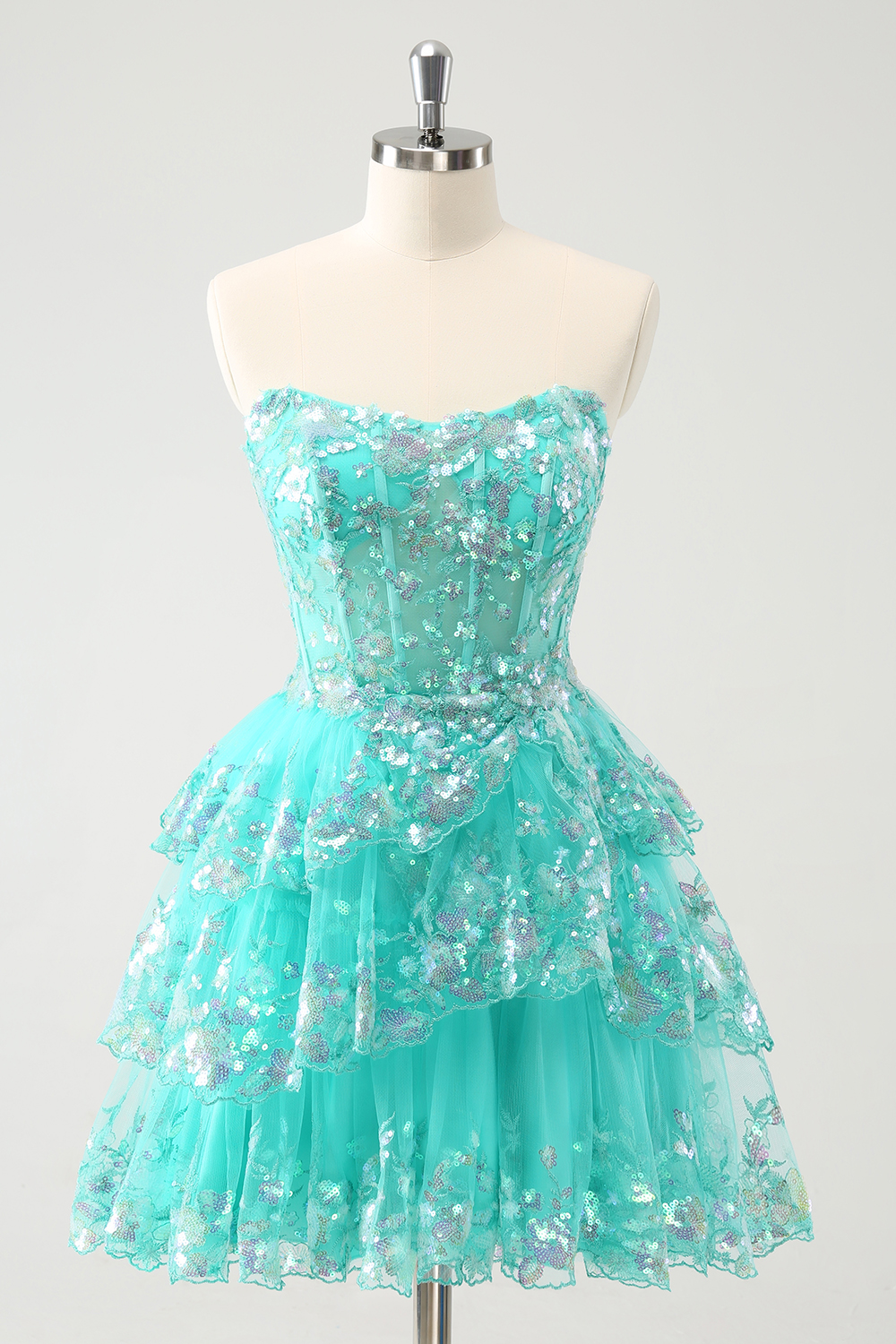 Glitter Green Sweetheart A-Line Tiered Sequins Corset Homecoming Dress 