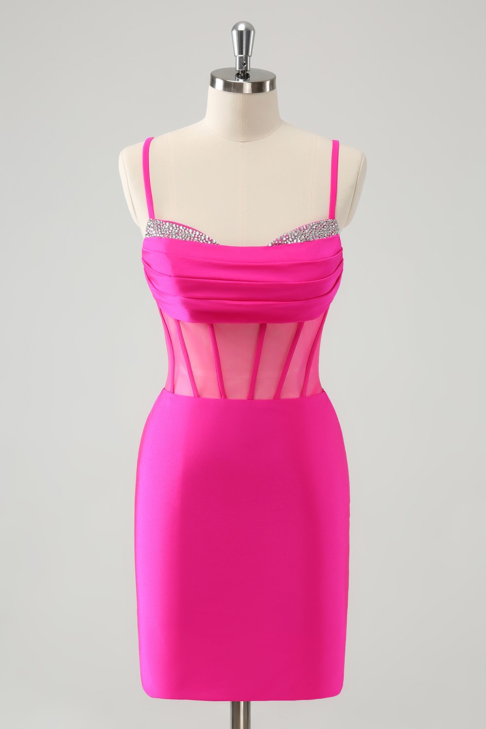 Fuchsia Spaghetti Straps Bodycon Corset Homecoming Dress with Beading