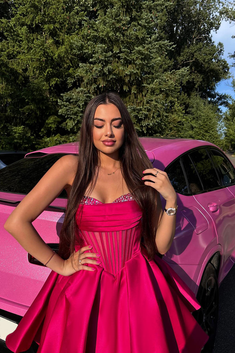 [Copy]Trendy Fuchsia Strapless A-Line Satin Corset Short Homecoming Dress with Beading