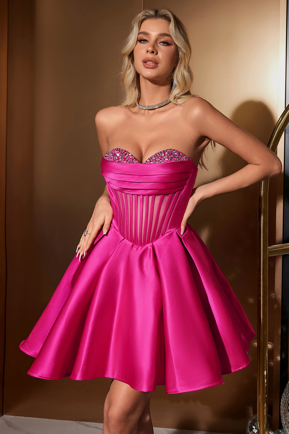 Trendy Fuchsia Strapless A-Line Satin Corset Short Homecoming Dress with Beading