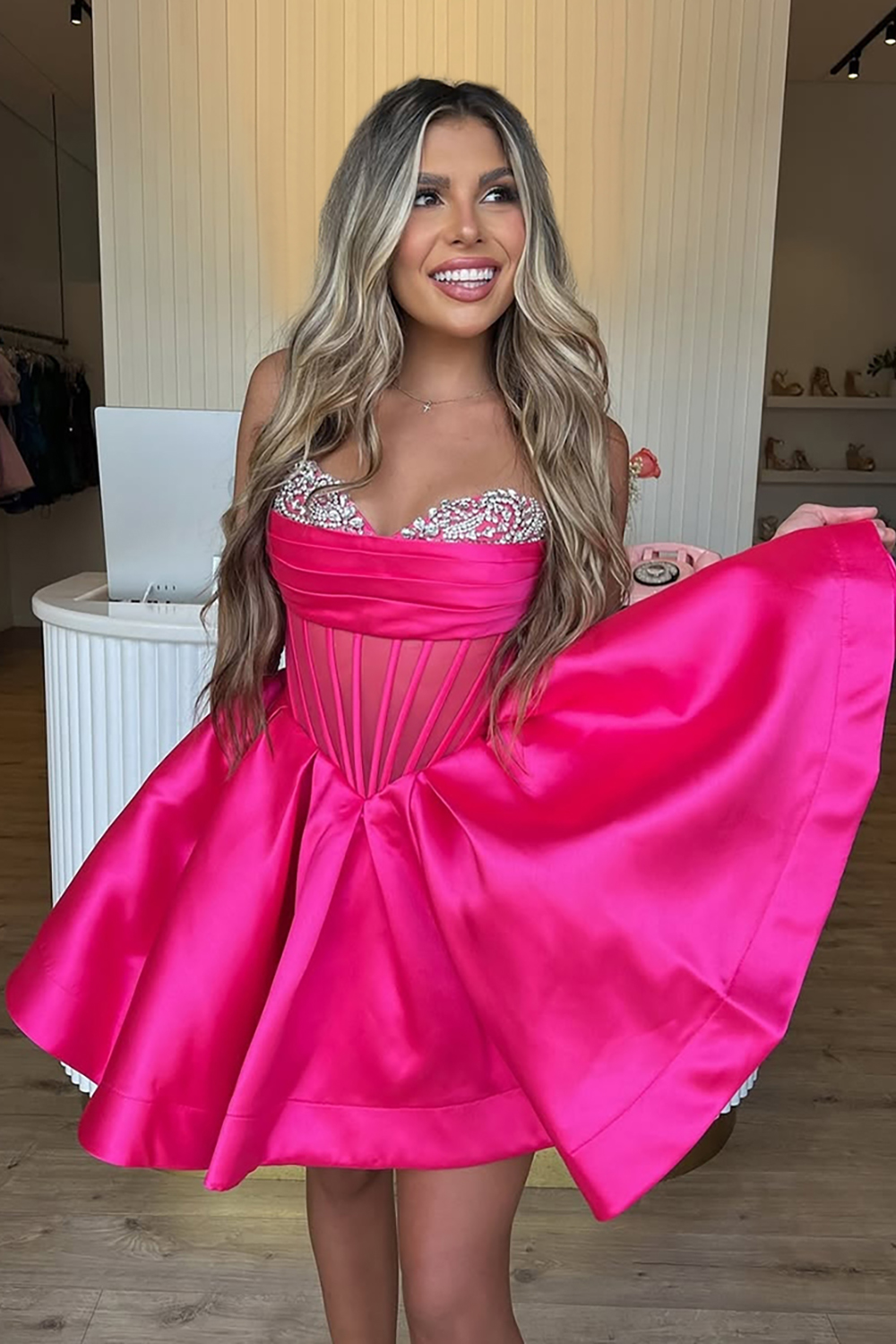 Fuchsia Corset Satin Strapless A-Line Short Homecoming Dress with Beading