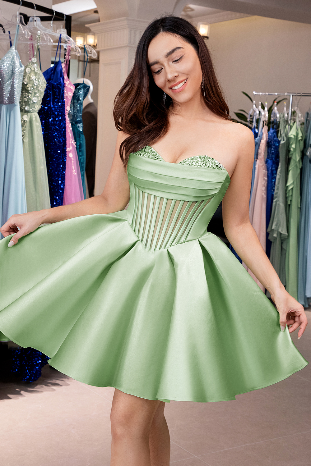 Trendy Green Strapless A-Line Satin Corset Short Homecoming Dress with Beading