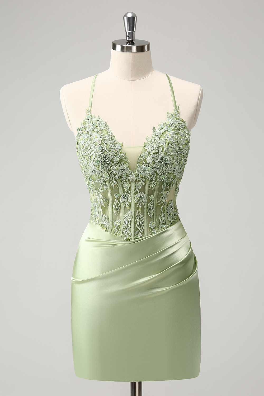 Green Spaghetti Straps Bodycon Ruched Short Corset Homecoming Dress with Appliques