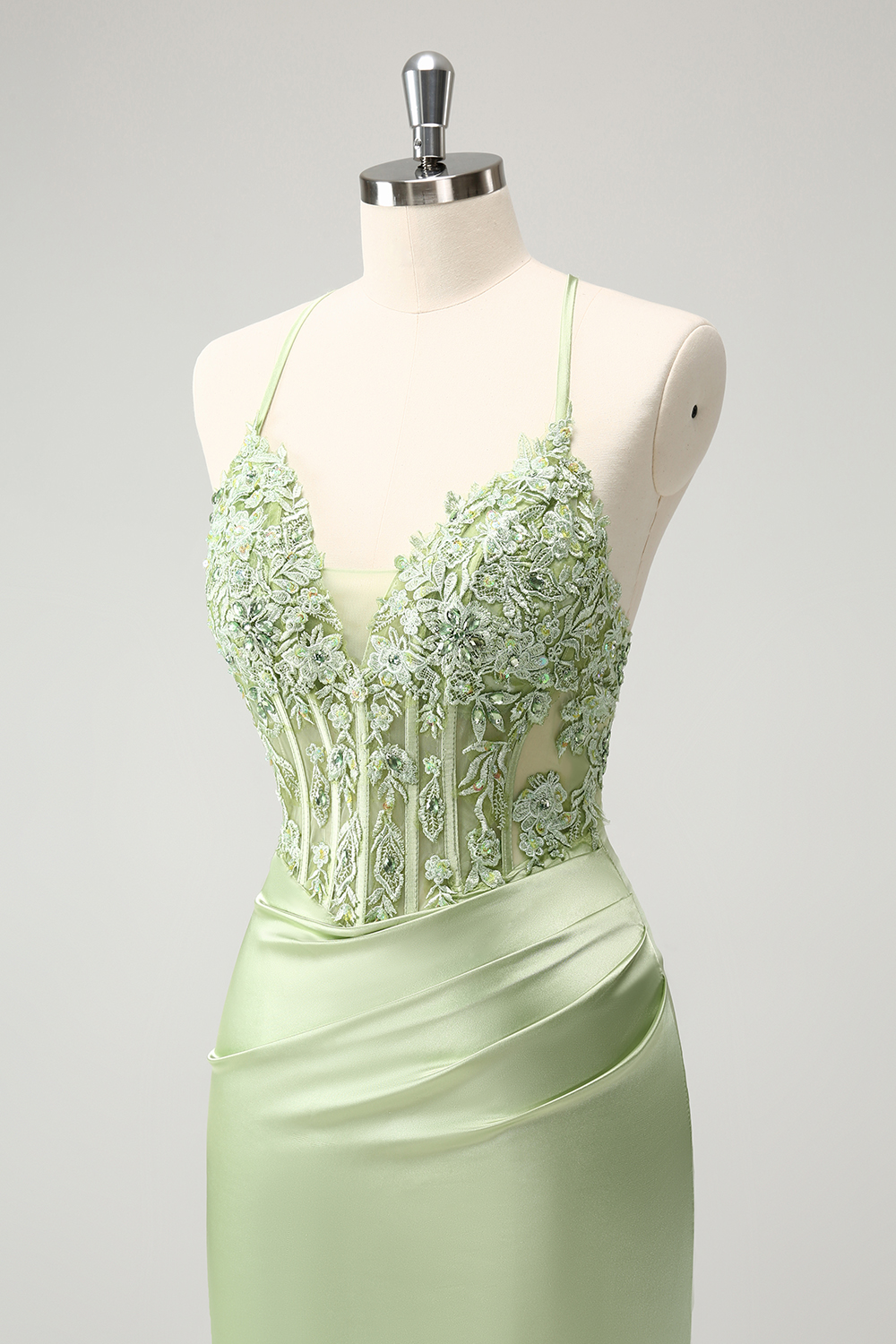 Green Spaghetti Straps Bodycon Ruched Short Corset Homecoming Dress with Appliques