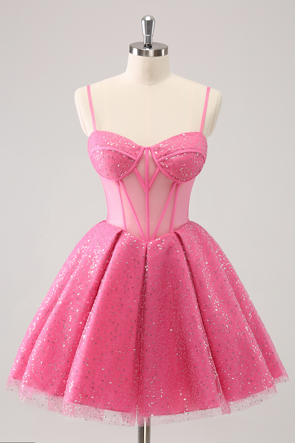 Glitter Pink Spaghetti Straps A-Line Tulle Corset Homecoming Dress 