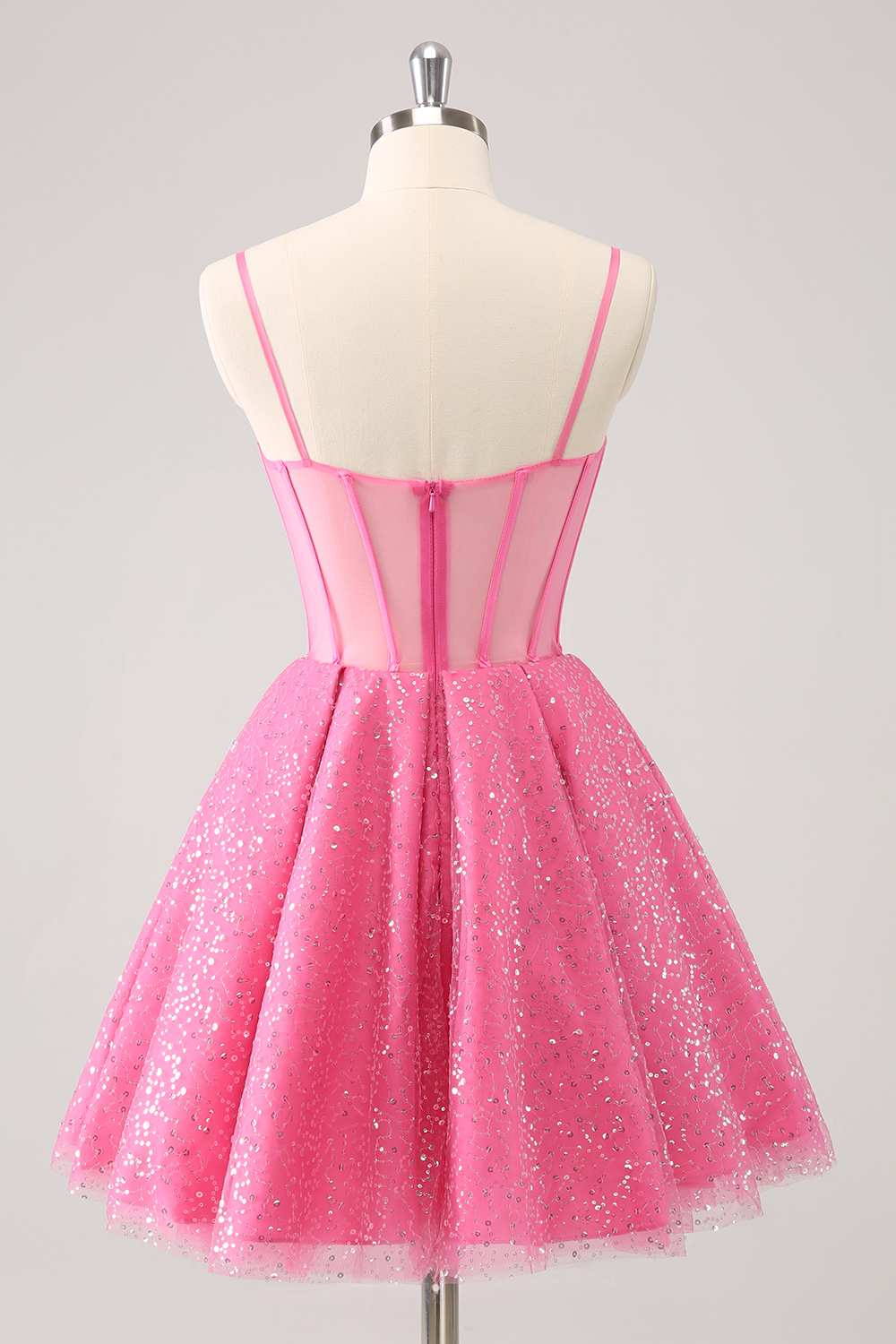Glitter Pink Spaghetti Straps A-Line Tulle Corset Homecoming Dress 