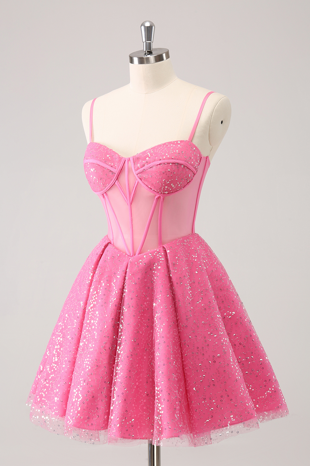 Glitter Pink Spaghetti Straps A-Line Tulle Corset Homecoming Dress 