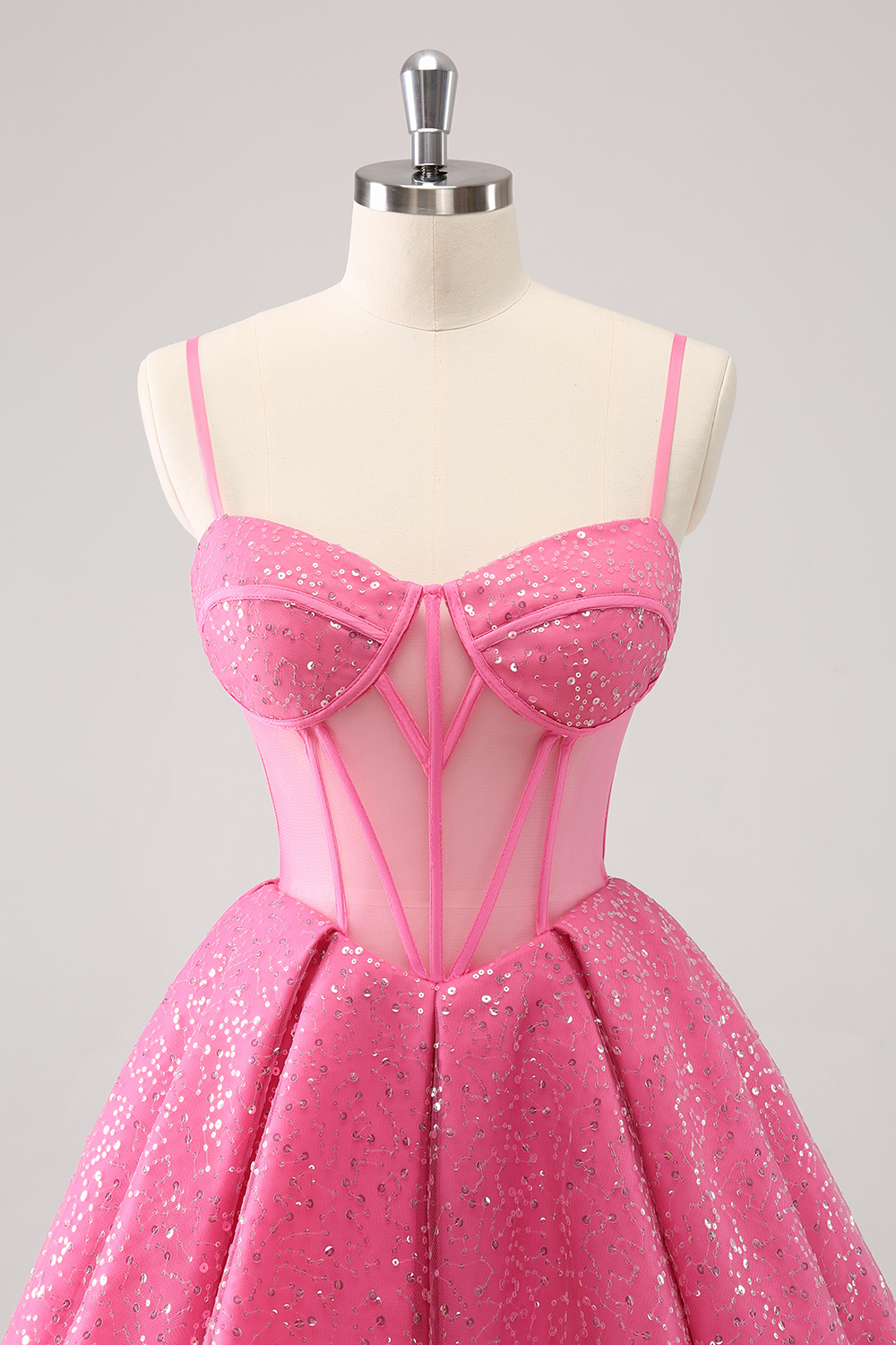 Glitter Pink Spaghetti Straps A-Line Tulle Corset Homecoming Dress 