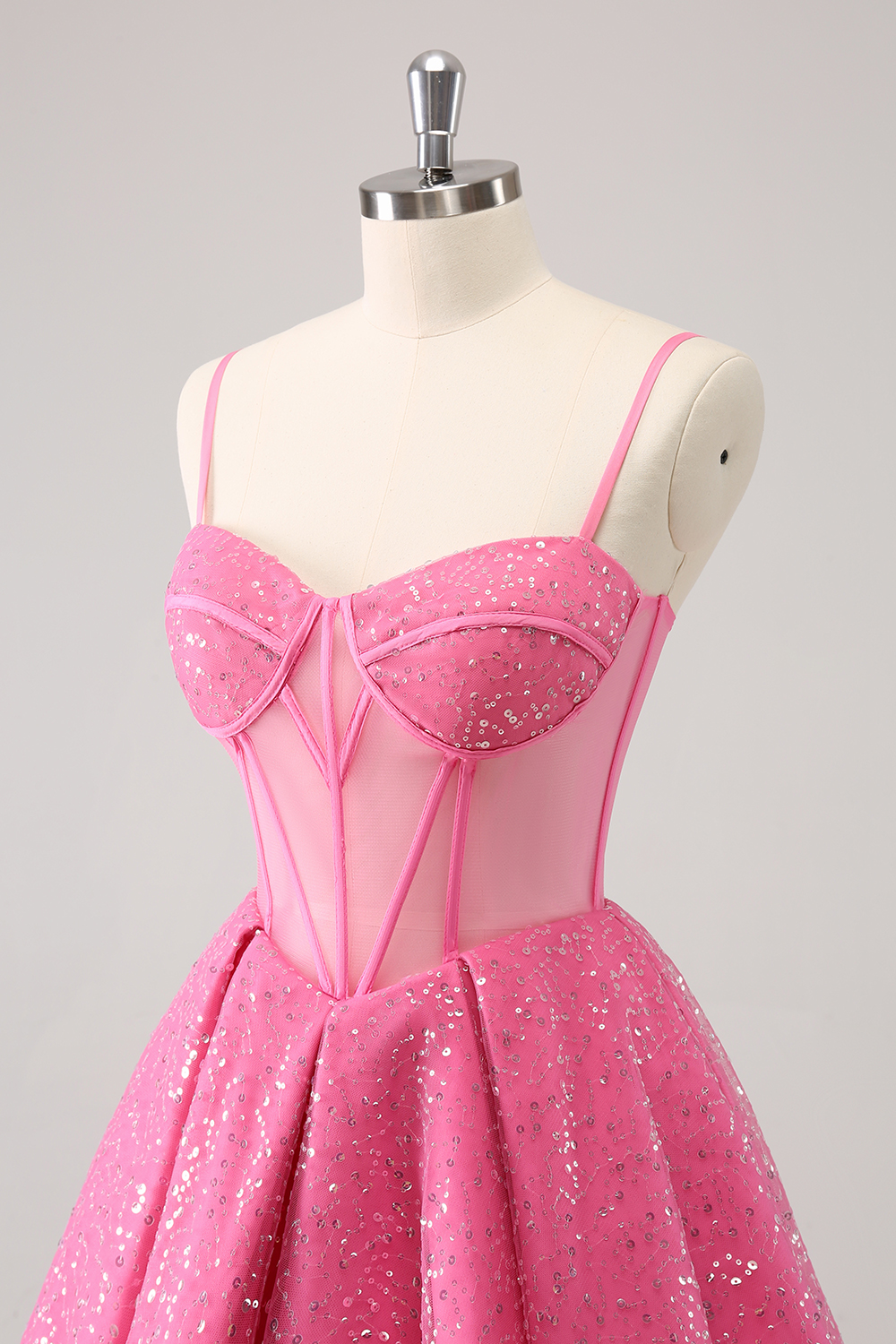 Glitter Pink Spaghetti Straps A-Line Tulle Corset Homecoming Dress 