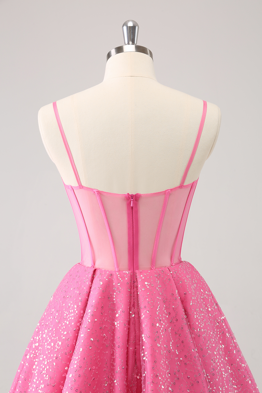 Glitter Pink Spaghetti Straps A-Line Tulle Corset Homecoming Dress 
