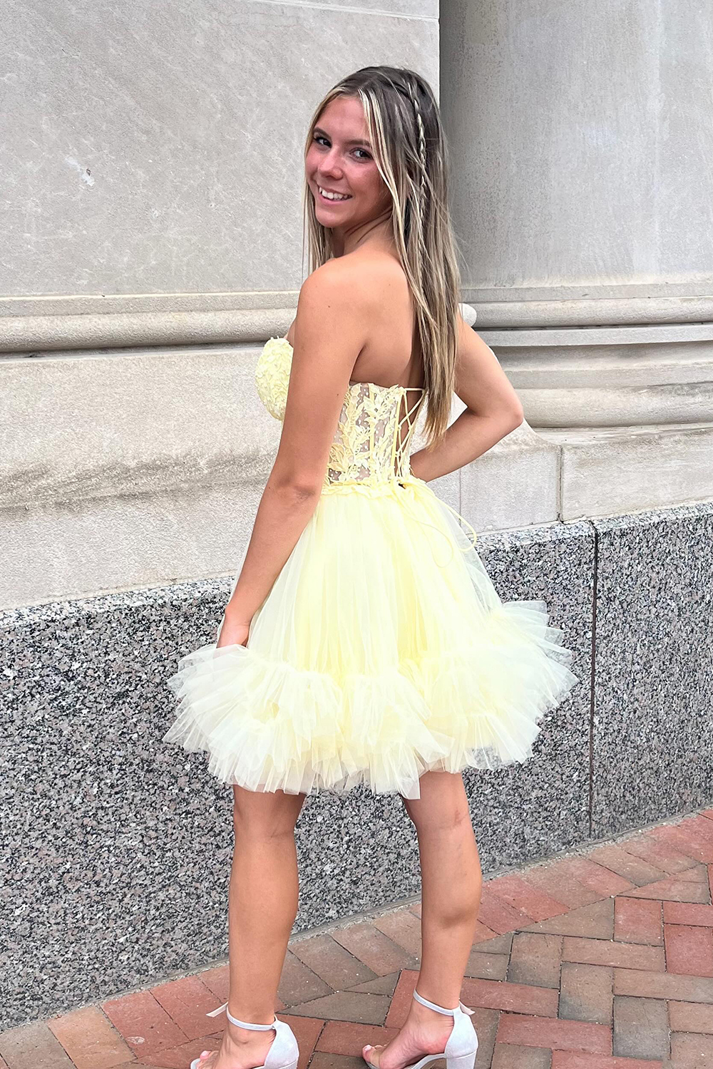 Pink Strapless A-Line Ruffled Corset Short Homecoming Dress with Appliques