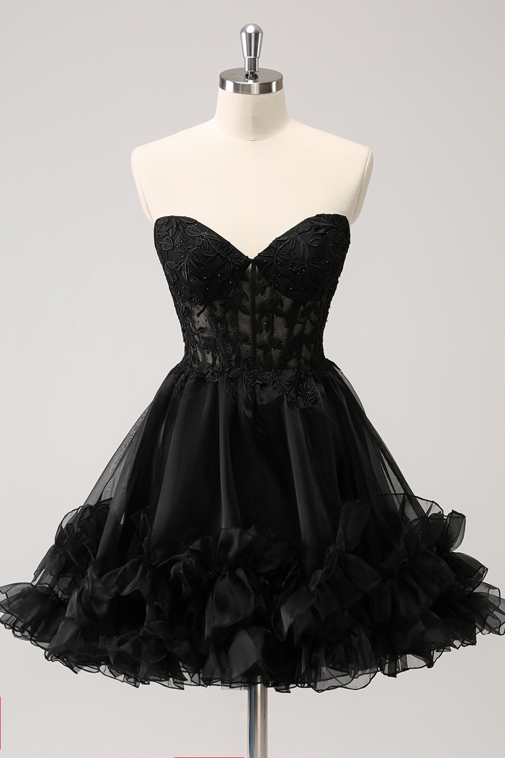 Black Sweetheart A-Line Ruffled Short Corset Homecoming Dress with Appliques