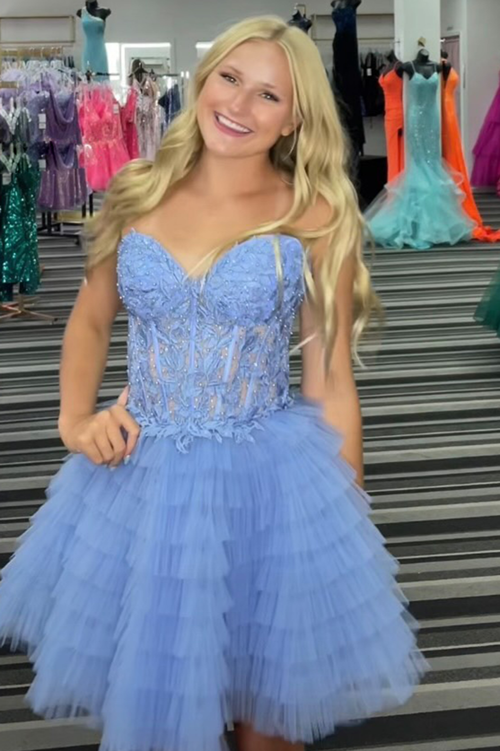 Lilac Sweetheart A-Line Tulle Tiered Corset Homecoming Dress with Appliques