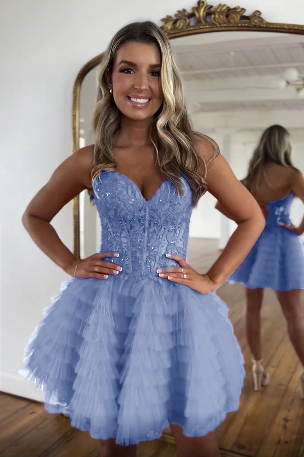 [Copy]Lilac Sweetheart A-Line Tulle Tiered Corset Homecoming Dress with Appliques