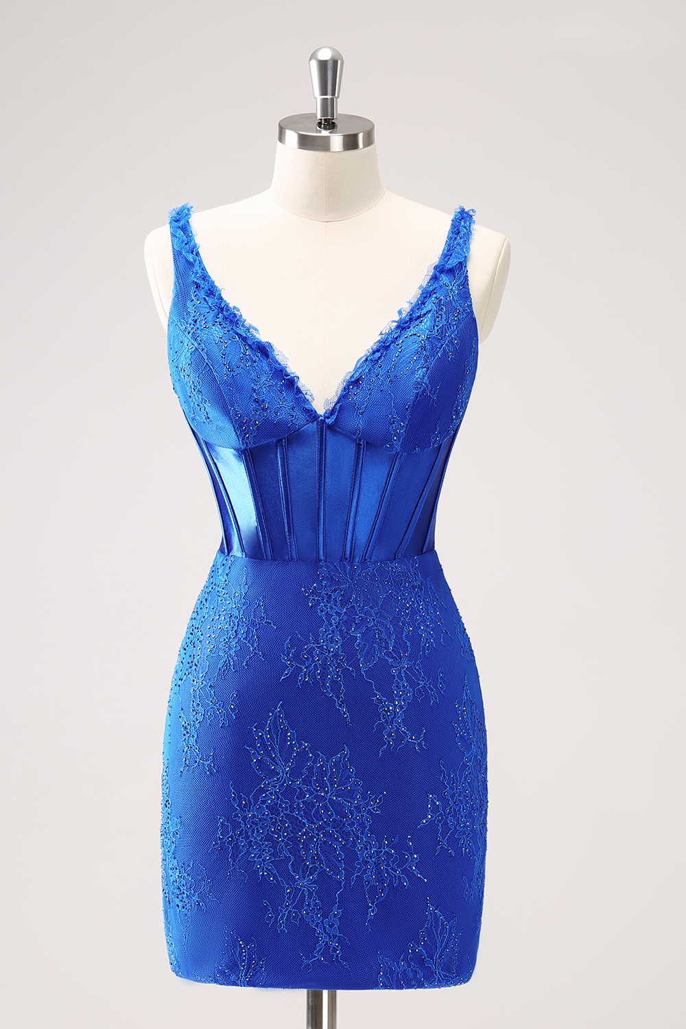 Royal Blue V Neck Bodycon Lace Corset Short Homecoming Dress with Beading