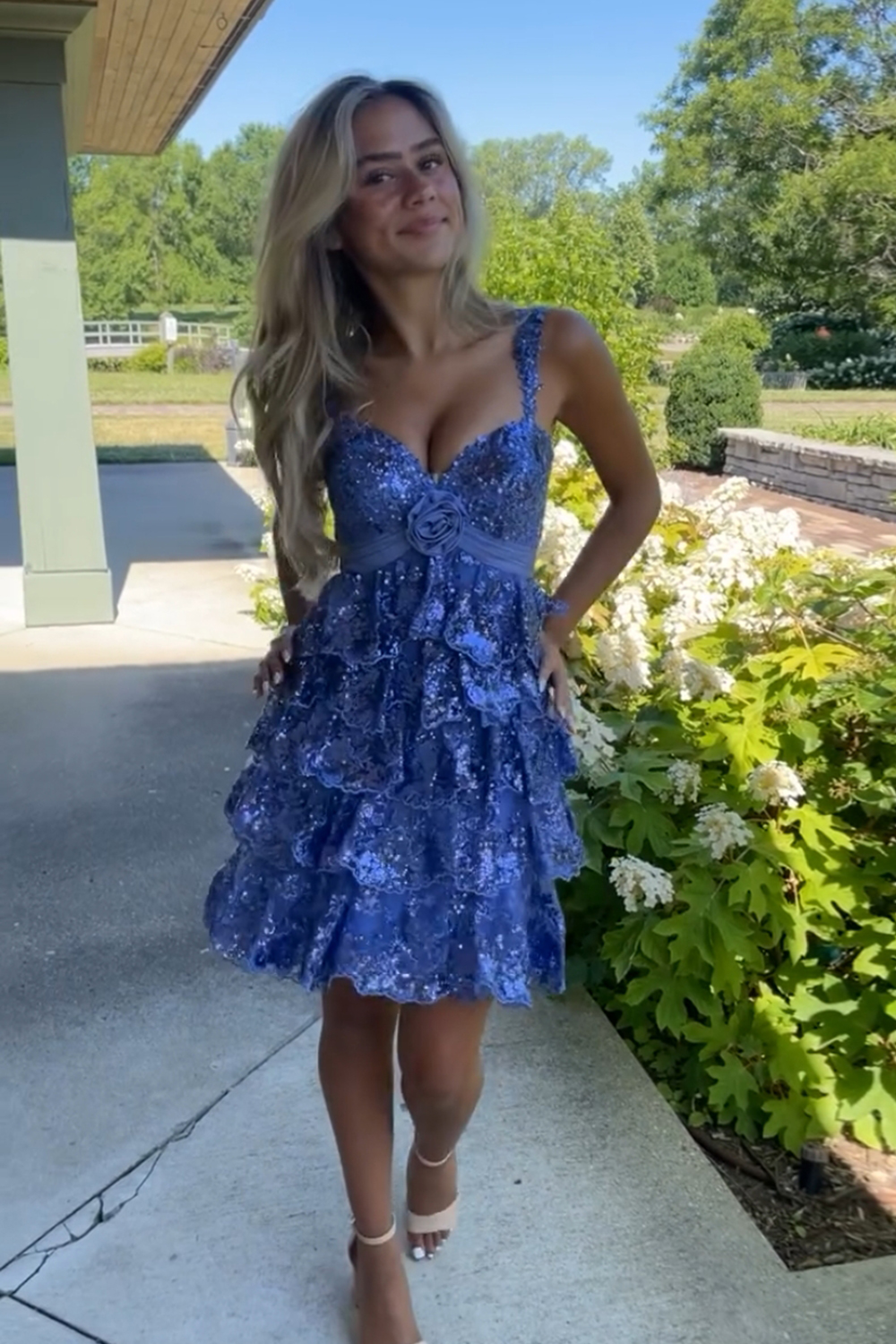 Blue Spaghetti Straps Lace A-Line Sequins Ruffled Short Homecoming Dress 