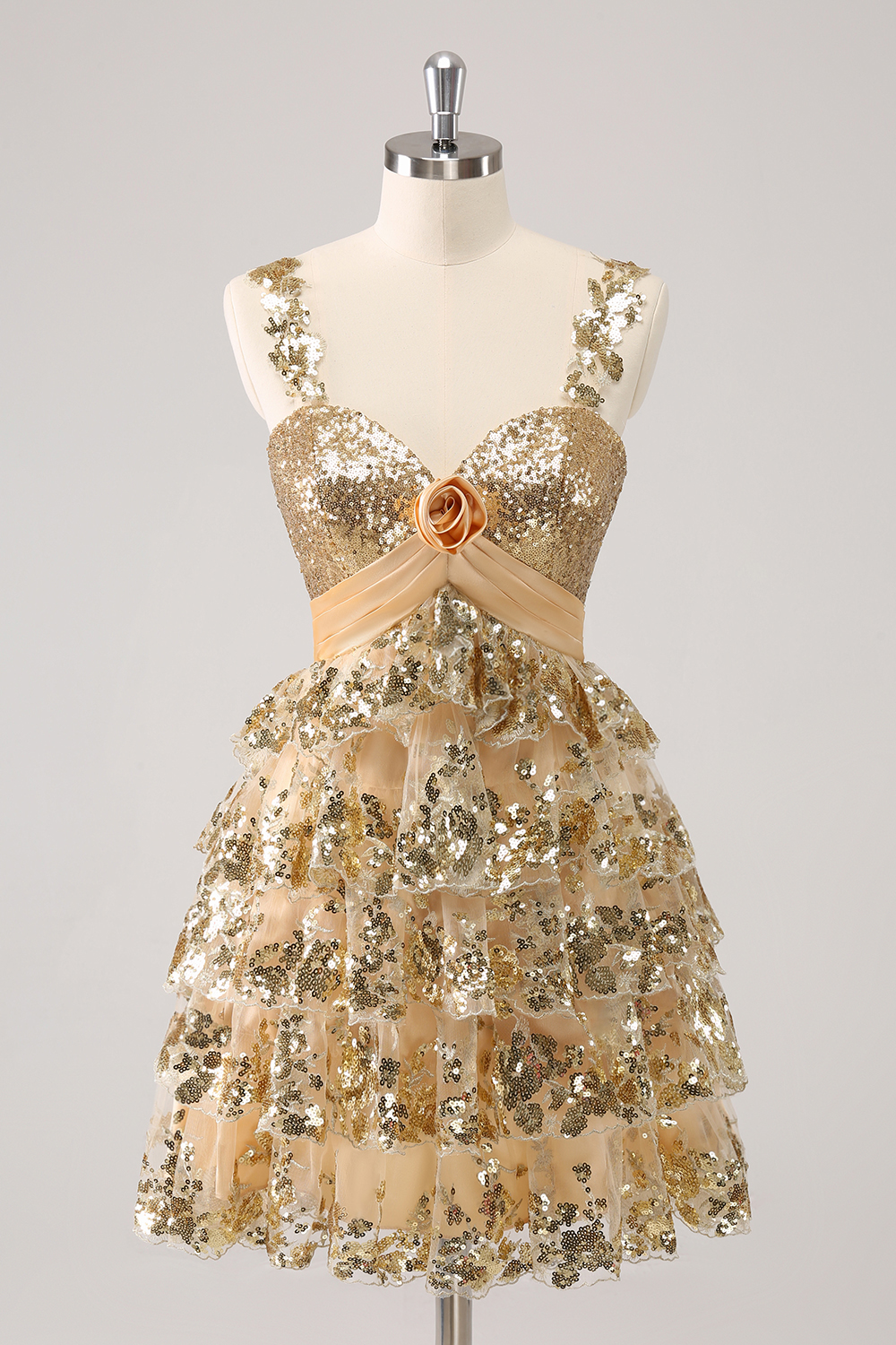 Sparkly Golden Spaghetti Straps A-Line Sequins Ruffled Short Homecoming Dress 