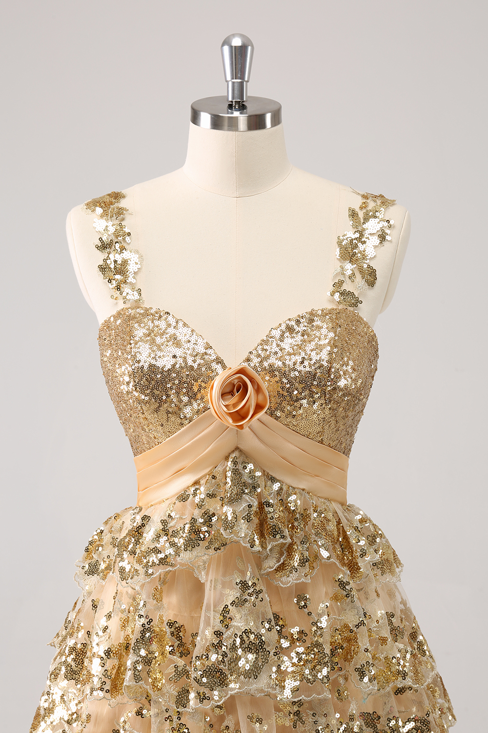 Sparkly Golden Spaghetti Straps A-Line Sequins Ruffled Short Homecoming Dress 