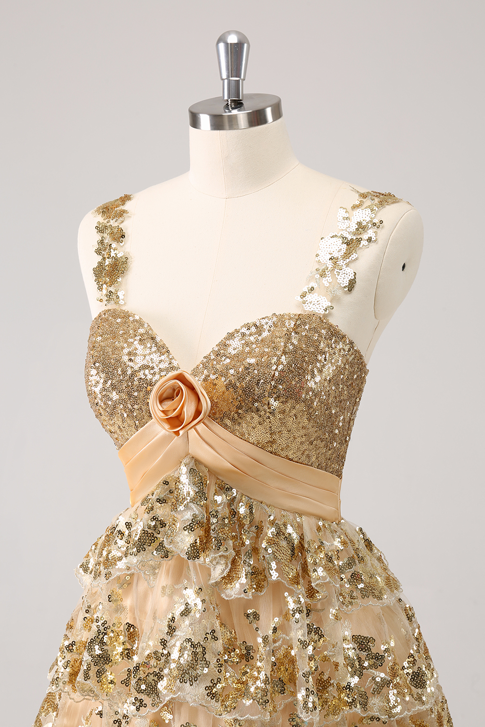 Sparkly Golden Spaghetti Straps A-Line Sequins Ruffled Short Homecoming Dress 