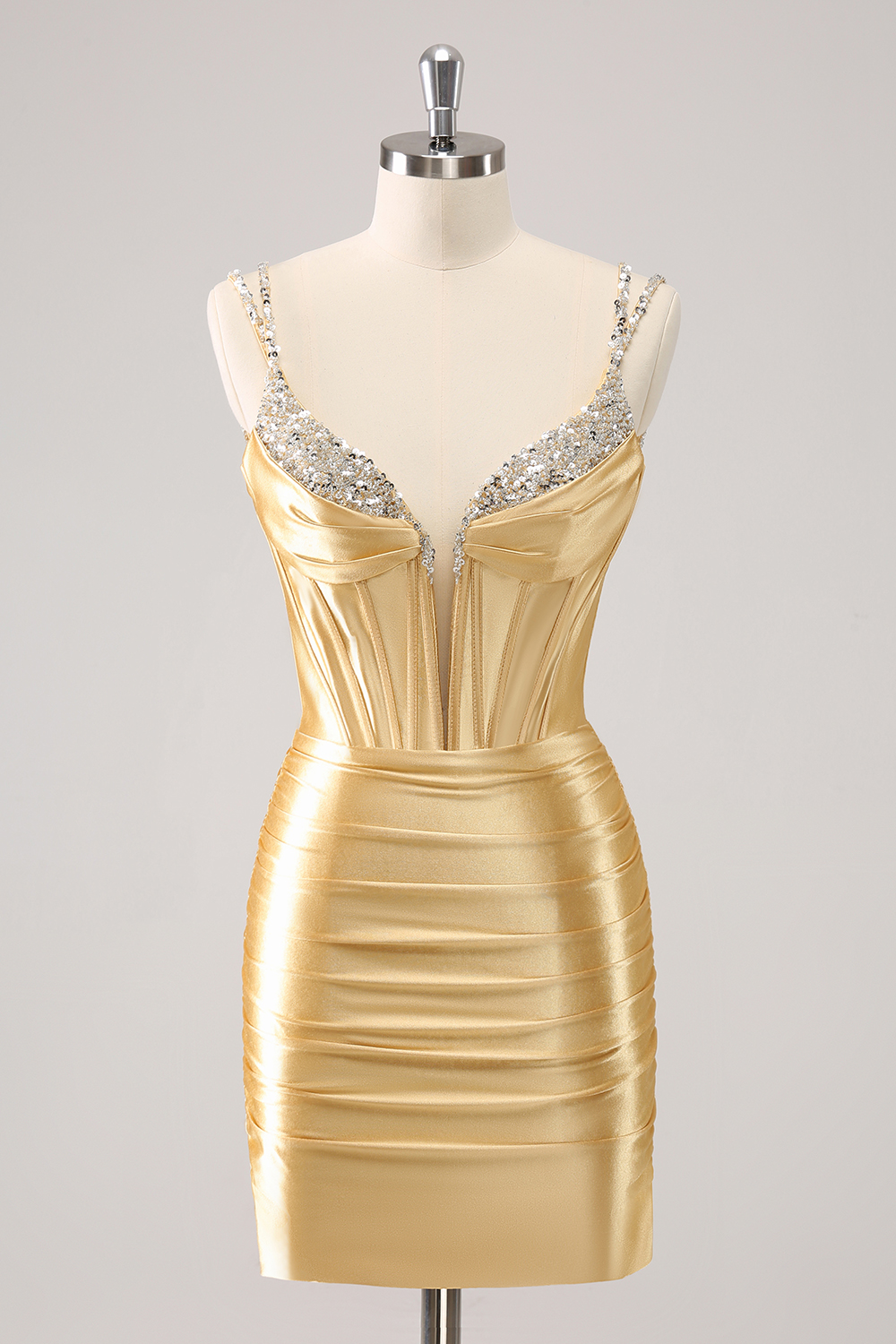 Golden Spaghetti Straps Bodycon Satin Corset Homecoming Dress with Beading
