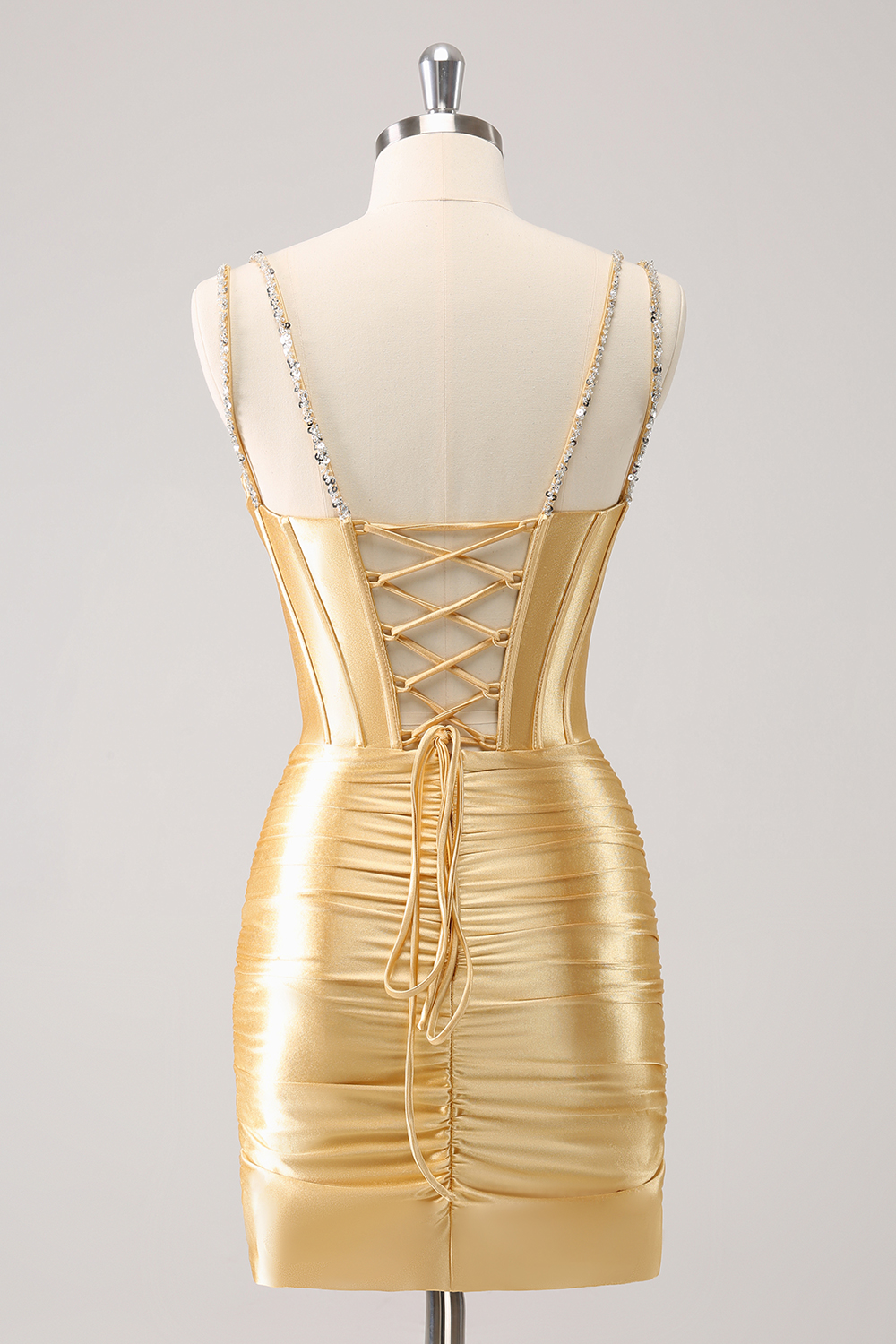 Golden Spaghetti Straps Bodycon Satin Corset Homecoming Dress with Beading