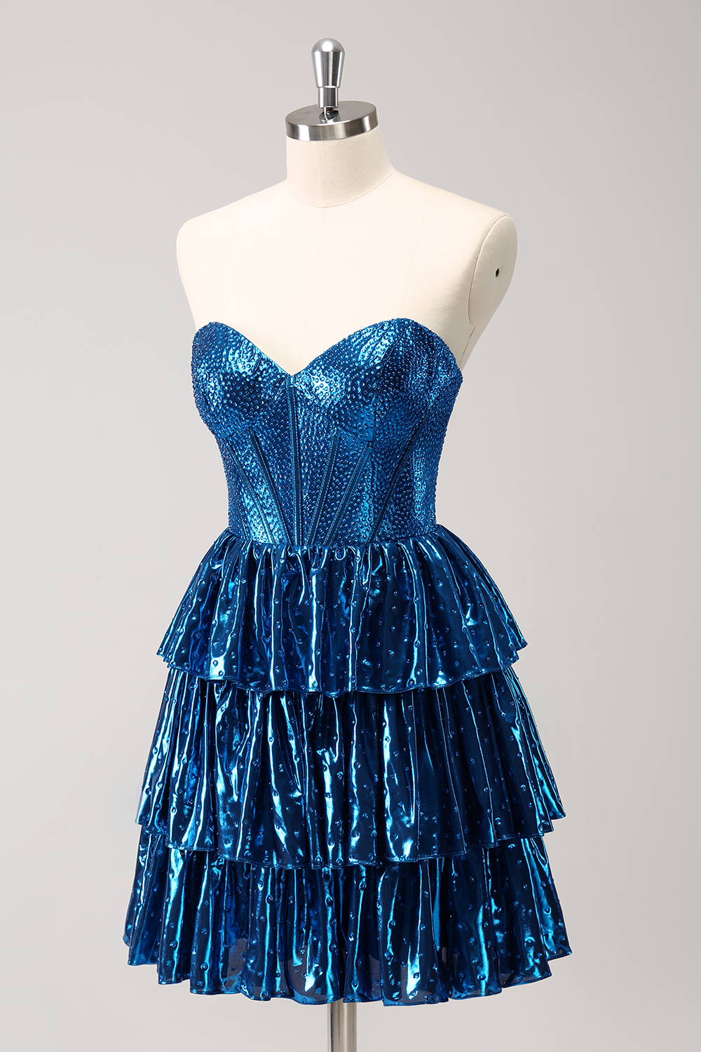 Glitter Peacock Blue Sweetheart A-Line Ruffled Short Corset Homecoming Dress with Beading