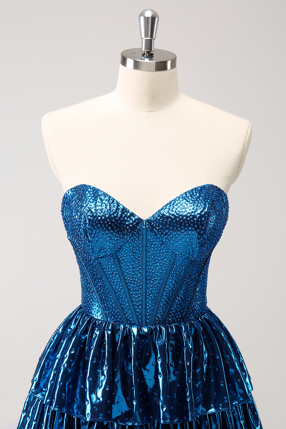 Glitter Peacock Blue Sweetheart A-Line Ruffled Short Corset Homecoming Dress with Beading