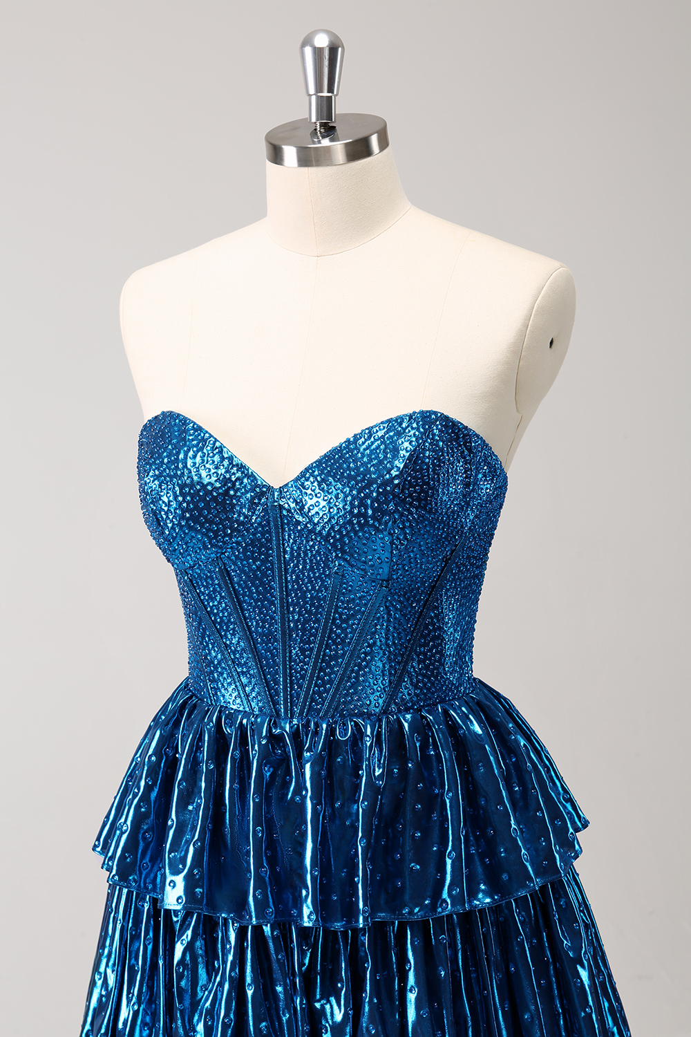Glitter Peacock Blue Sweetheart A-Line Ruffled Short Corset Homecoming Dress with Beading
