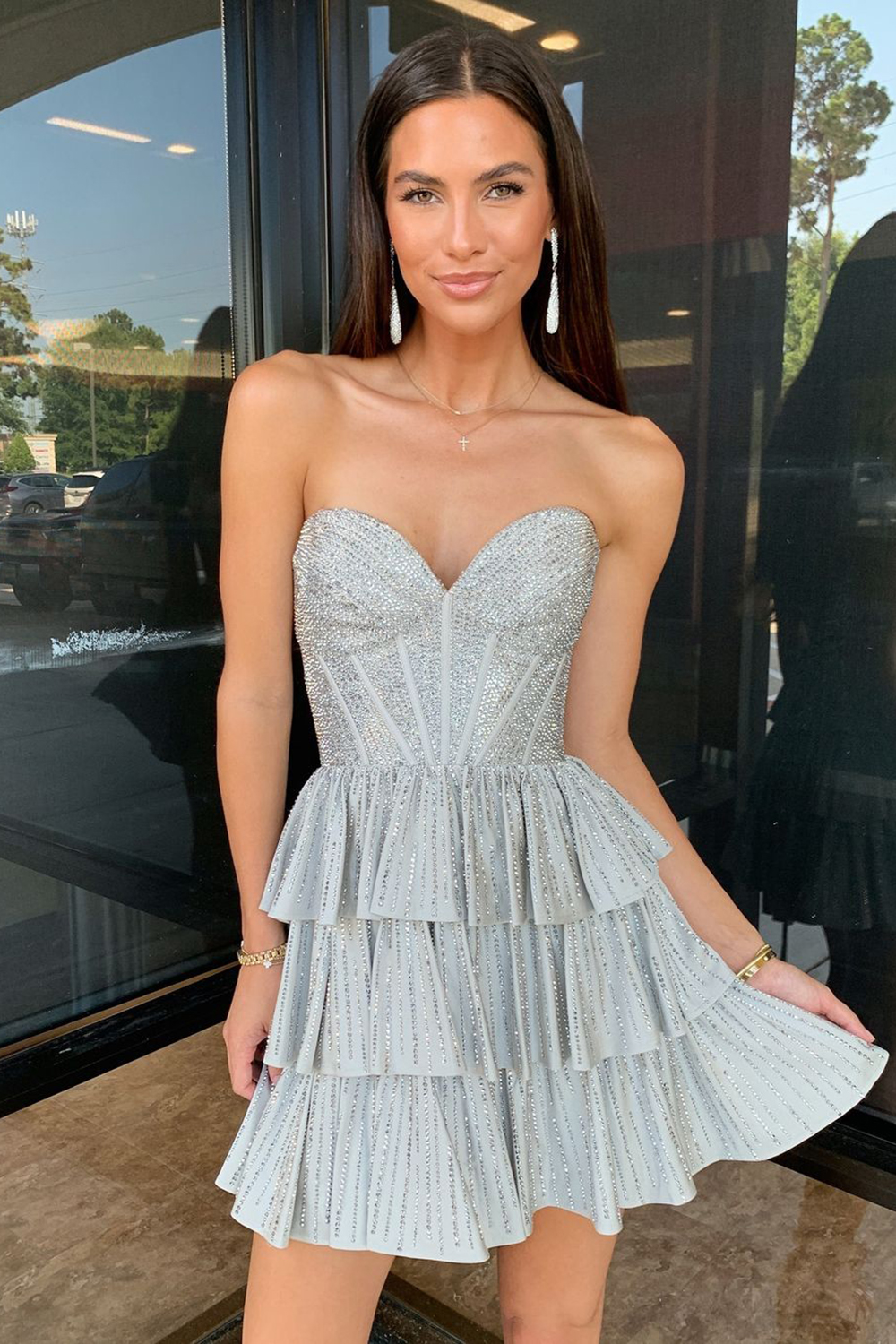 Grey Strapless A-Line Tiered Short Corset Homecoming Dress with Beading