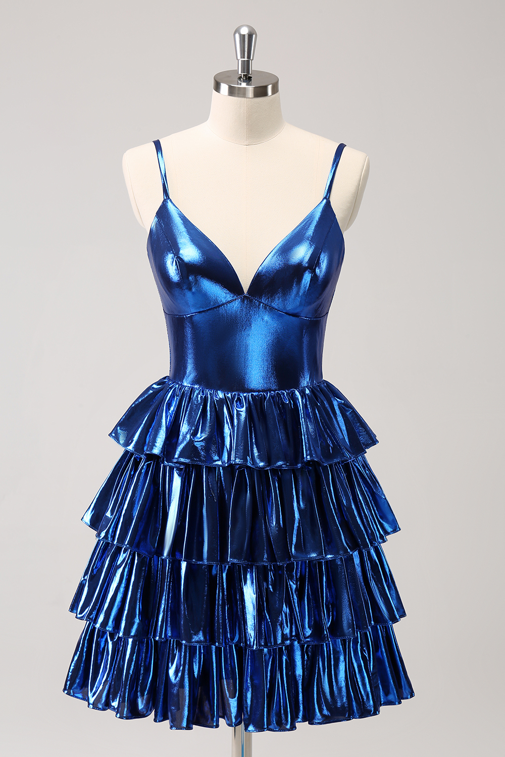 Metallic Ink Blue Spaghetti Straps A-Line Ruffled Short Homecoming Dress