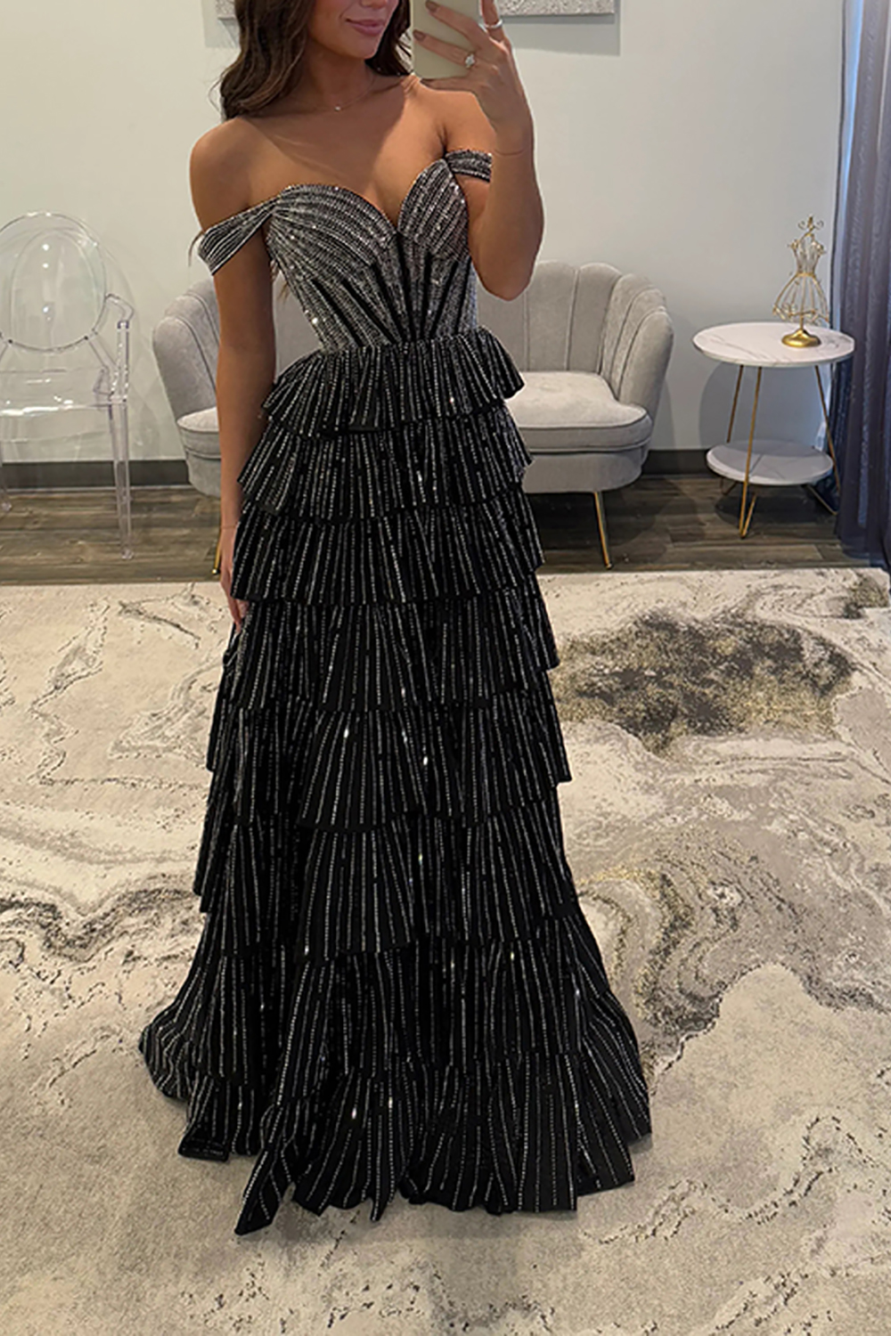 Glitter Royal Blue Off the Shoulder A-Line Tiered Long Corset Prom Dress with Beading