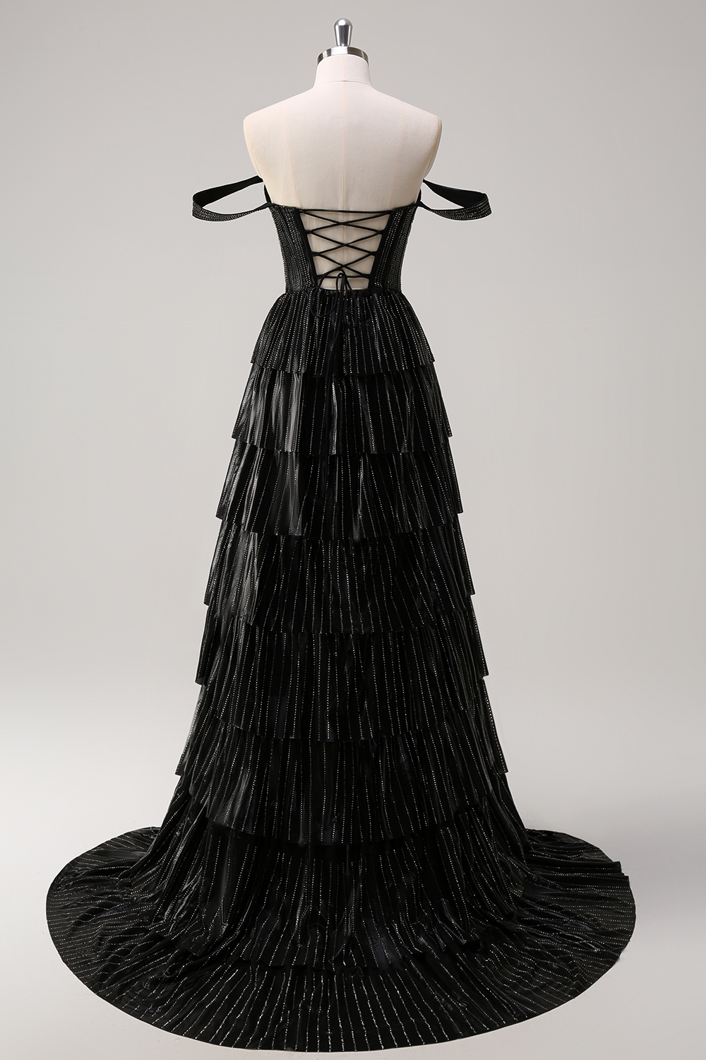 Glitter Black Off the Shoulder A-Line Tiered Long Corset Prom Dress with Beading