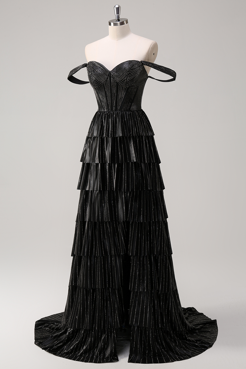 Glitter Black Off the Shoulder A-Line Tiered Long Corset Prom Dress with Beading