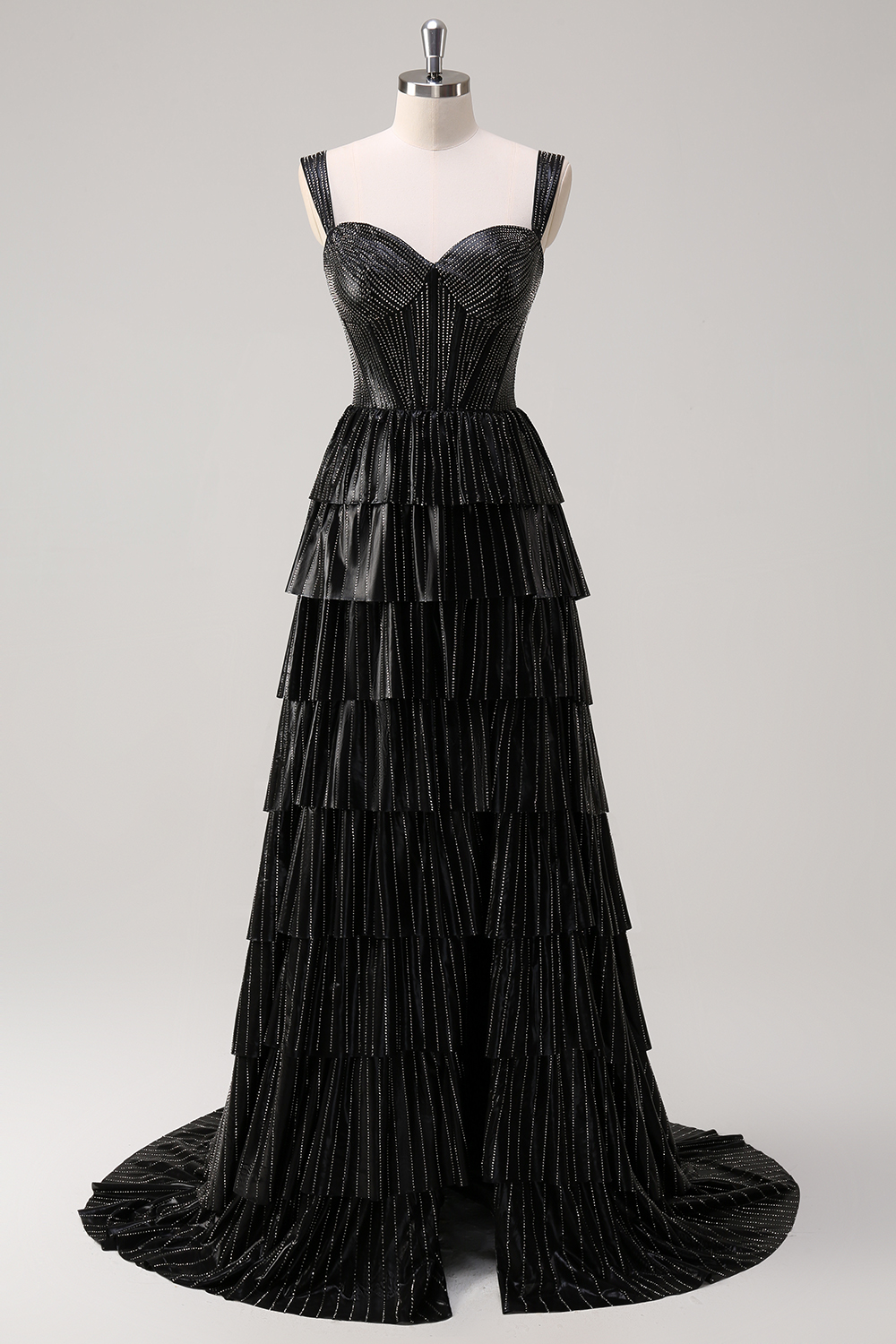 Glitter Black Off the Shoulder A-Line Tiered Long Corset Prom Dress with Beading